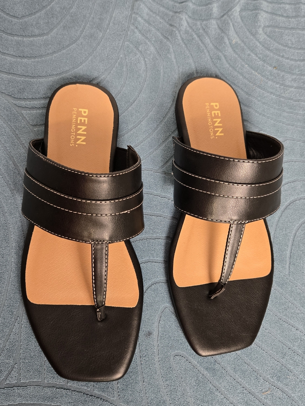 Penningtons Black Thong Slide Sandals with Tan Footbed